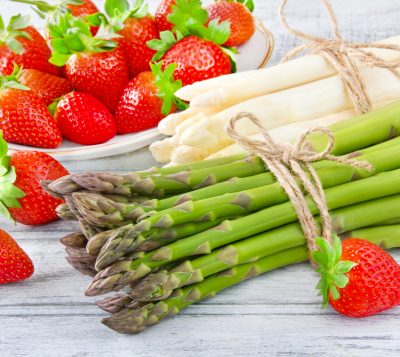 Asparagus, Strawberries and Rhubarb in a basket